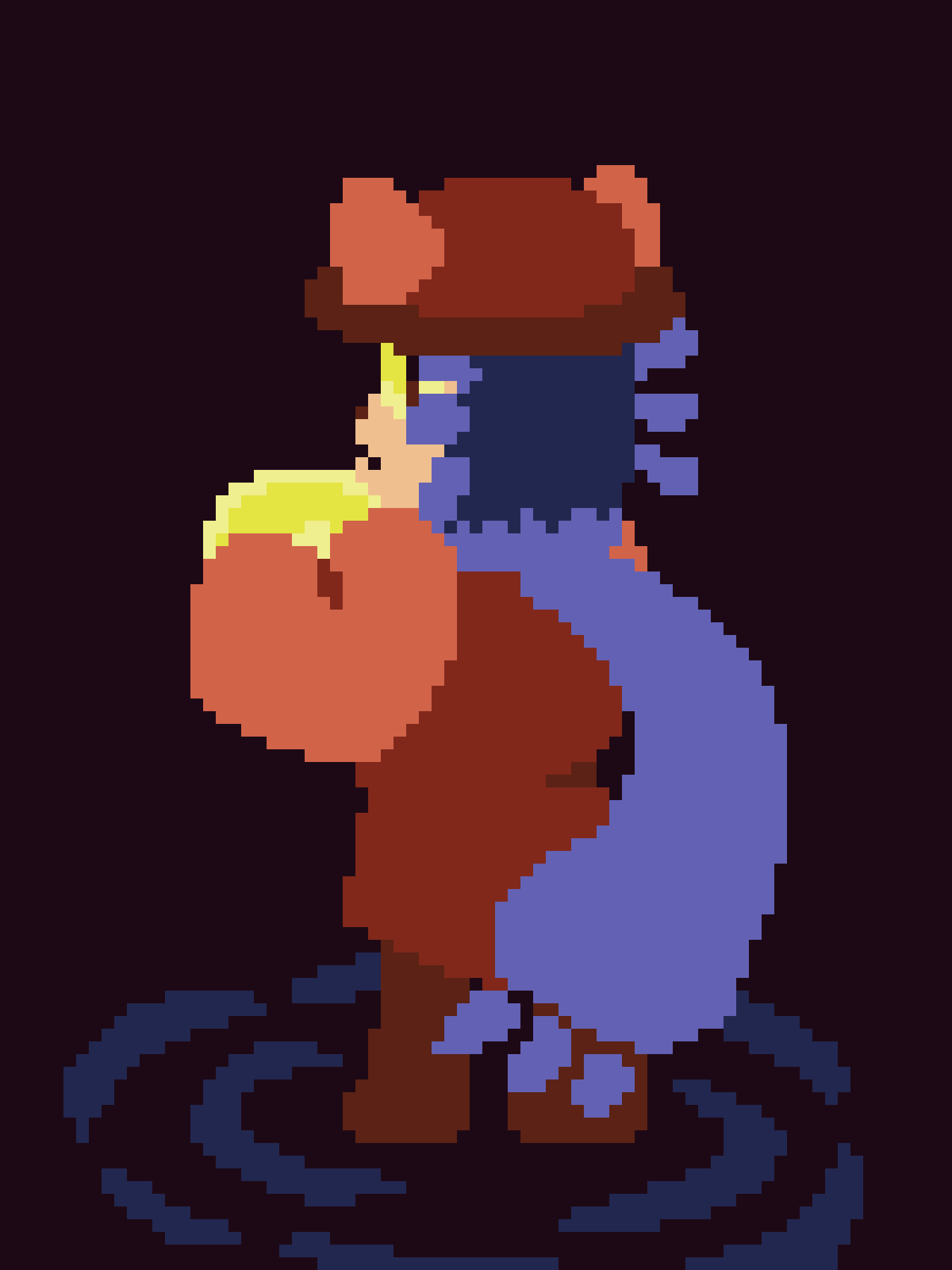 A pixel art image shows a character with brown hair and a brown hat, wearing a blue shirt and brown pants, sitting with…