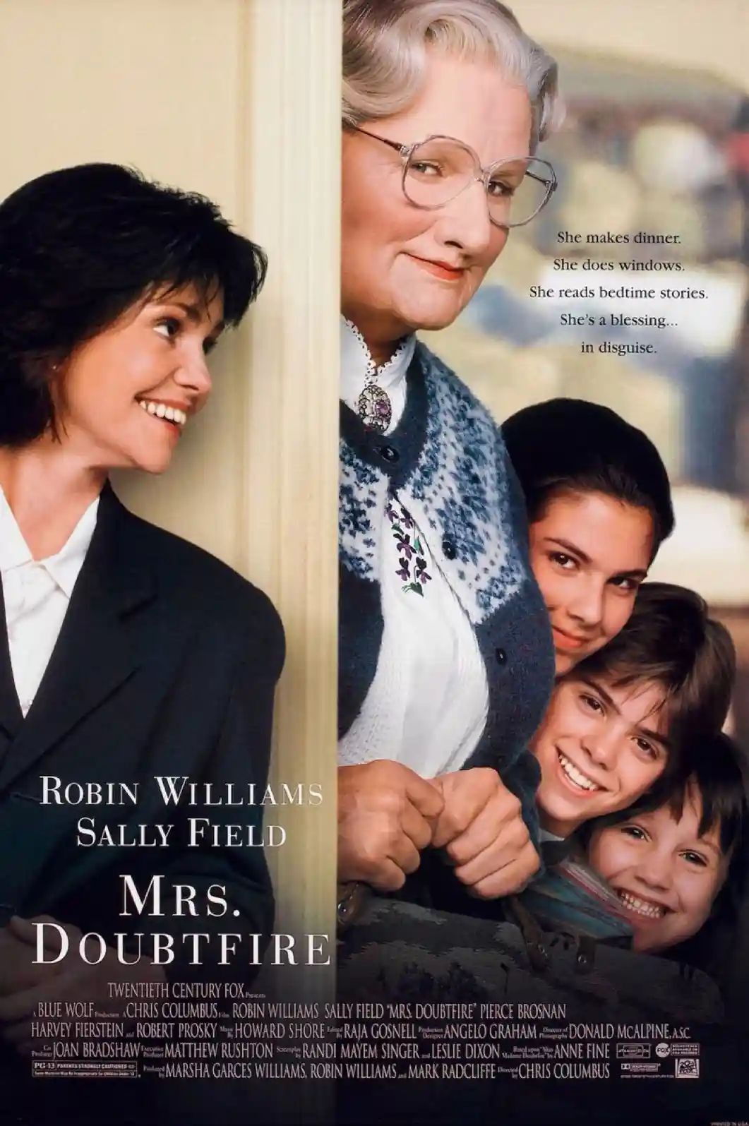 This is a movie poster for 'Mrs. Doubtfire' featuring Robin Williams as a disguised nanny and Sally Field. The poster shows…