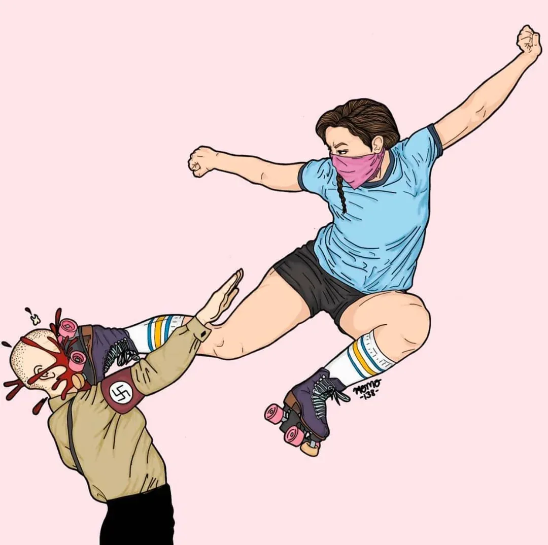 A cartoon woman in a blue shirt, black shorts, and roller skates with pink wheels kicks a bald man wearing a beige uniform…