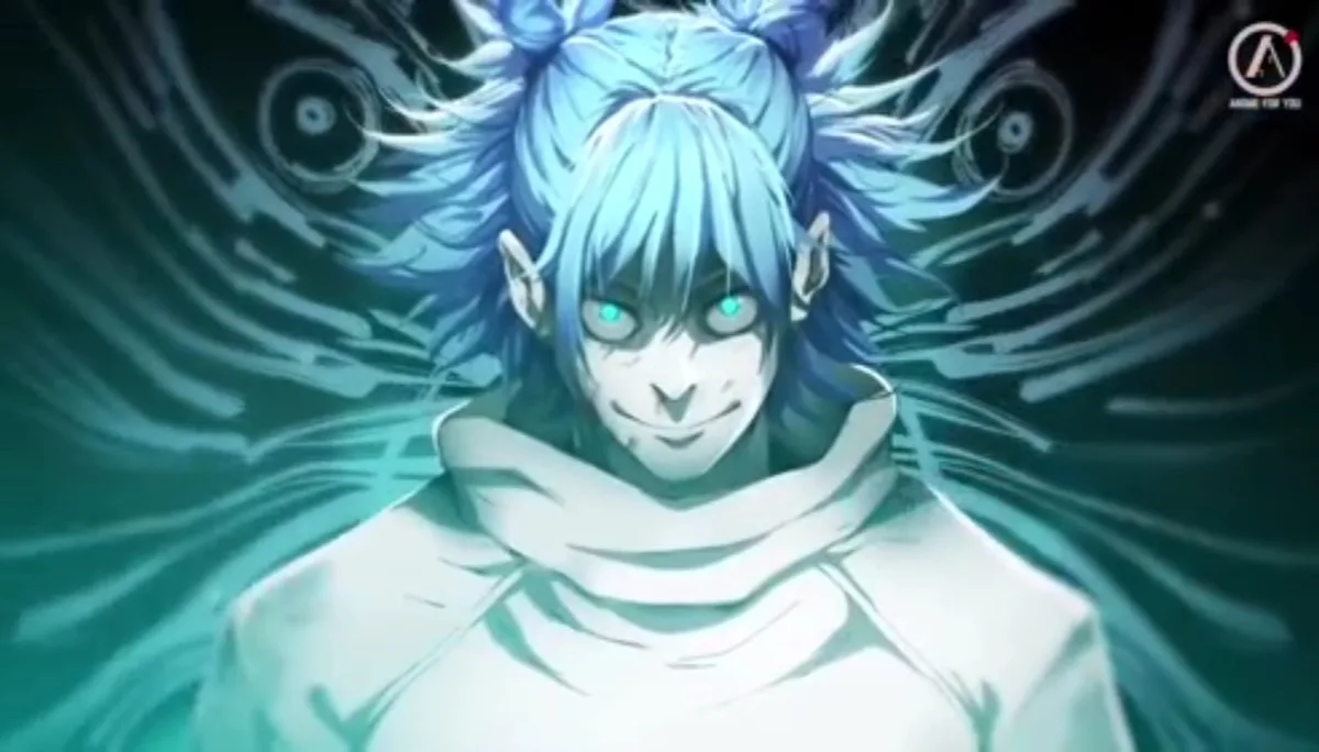 An anime character with blue hair, glowing cyan eyes, and a sinister grin wears a white hooded robe against a swirling dark…