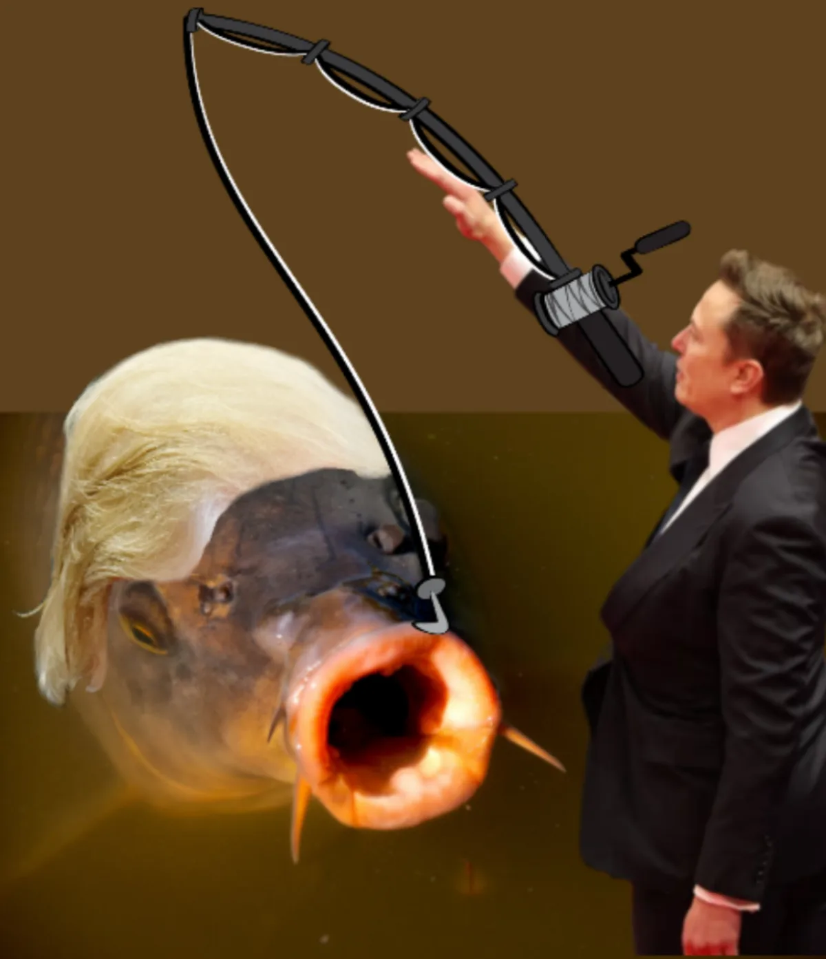 A man in a suit holds a cartoon fishing rod, reeling in a large fish whose head is photoshopped with a blonde wig resembling…