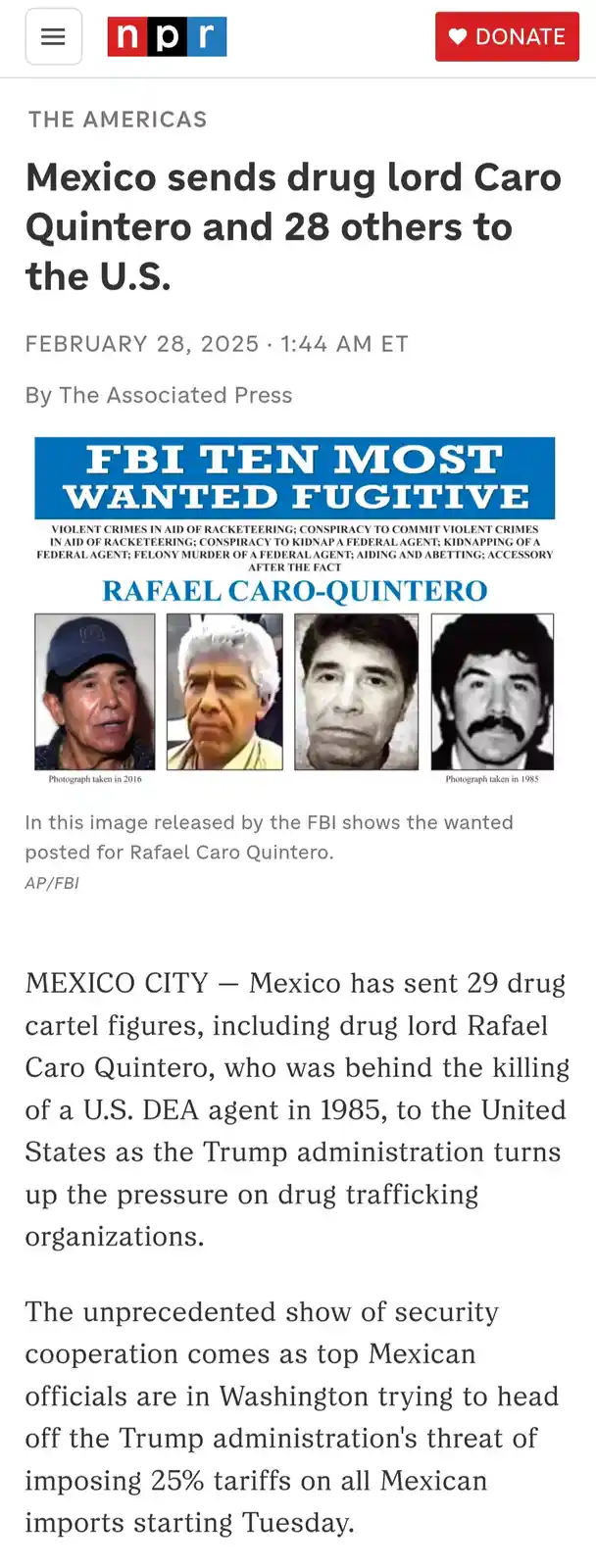A screenshot of an NPR news article from February 28, 2025, reports that Mexico extradited drug lord Rafael Caro-Quintero…