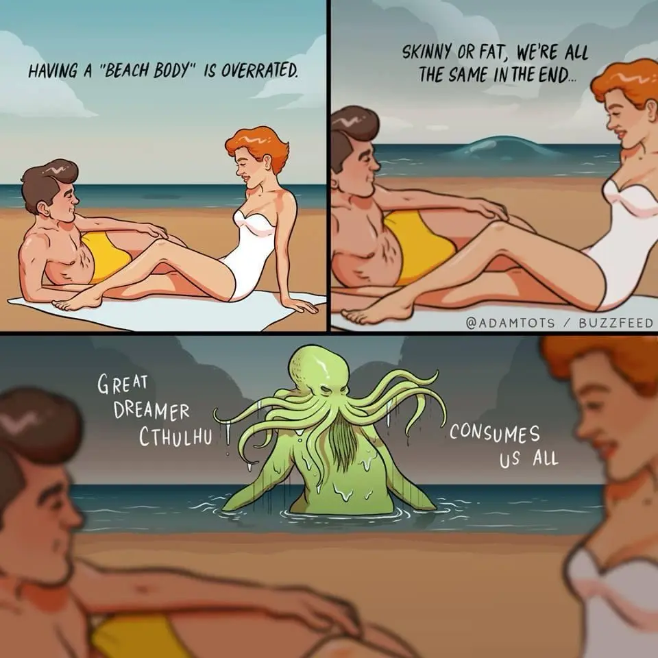A three-panel comic shows a couple relaxing on a beach. The first panel says 'HAVING A "BEACH BODY" IS OVERRATED.' The…