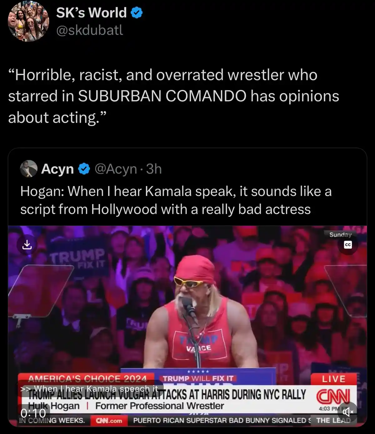 A screenshot of a CNN broadcast shows Hulk Hogan speaking at a Trump rally, wearing a red tank top and headband. The…