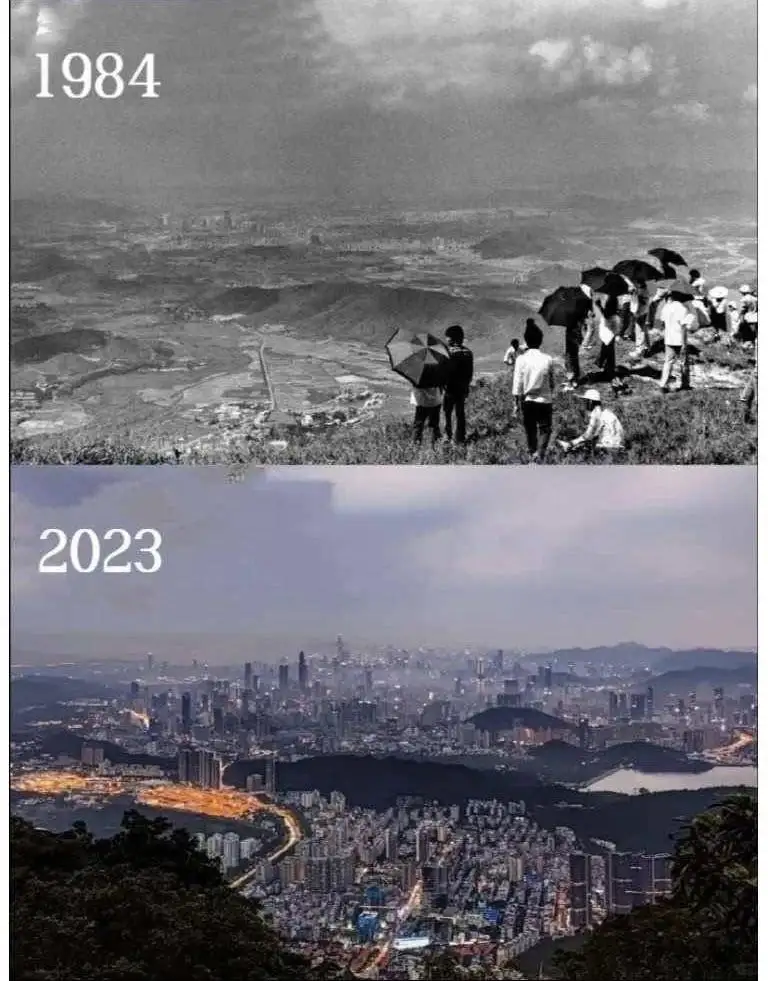 The image is split into two panels. The top panel, labeled '1984', shows a black-and-white photo of people holding umbrellas…