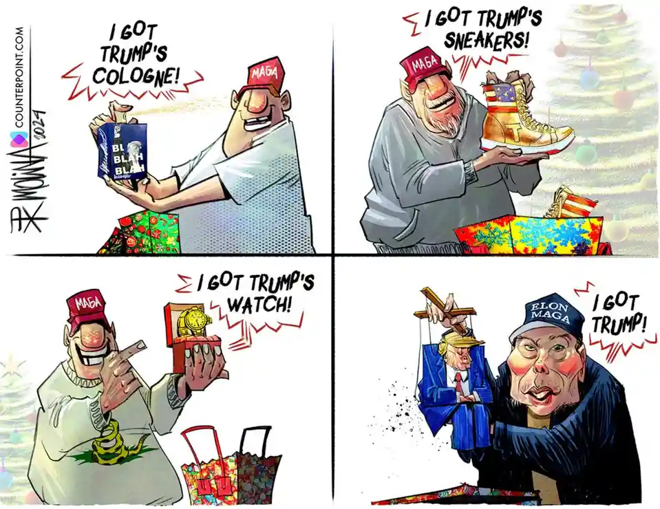 A four-panel comic shows a man in a MAGA hat excitedly opening Christmas gifts: Trump cologne, Trump sneakers, Trump watch…
