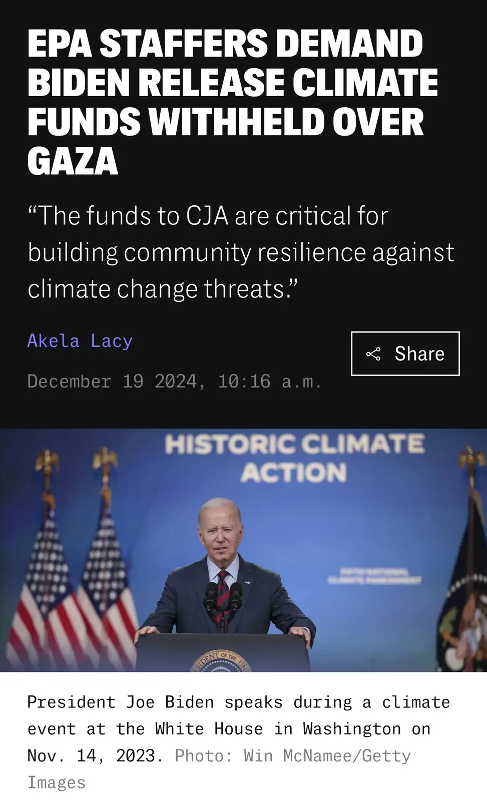 The image displays a news article headline stating 'EPA STAFFERS DEMAND BIDEN RELEASE CLIMATE FUNDS WITHHELD OVER GAZA' with…
