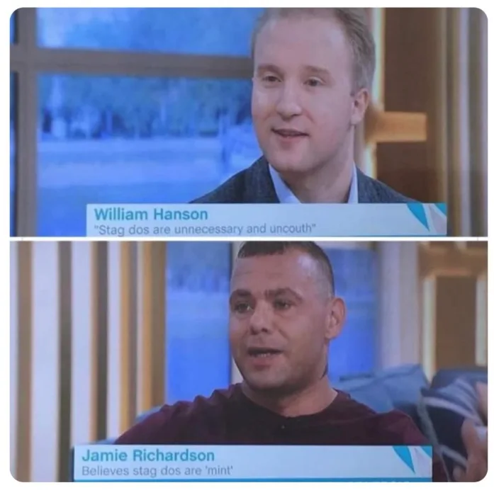 The meme features two men from a TV interview. The top panel shows William Hanson with a caption stating he believes stag…