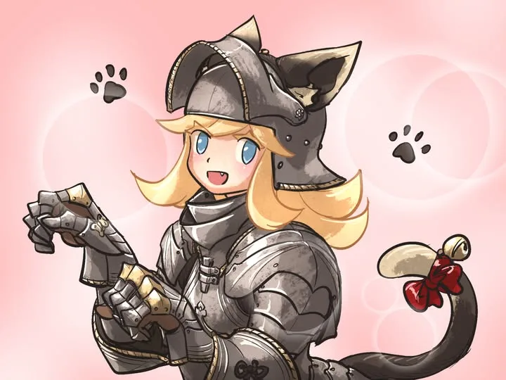 A cheerful anime-style girl with blonde hair and blue eyes wears full silver armor with cat ears and a cat tail ending in a…