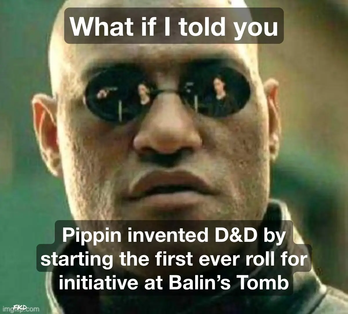 The image shows a close-up of Morpheus from 'The Matrix' wearing his signature dark sunglasses, with a serious expression…