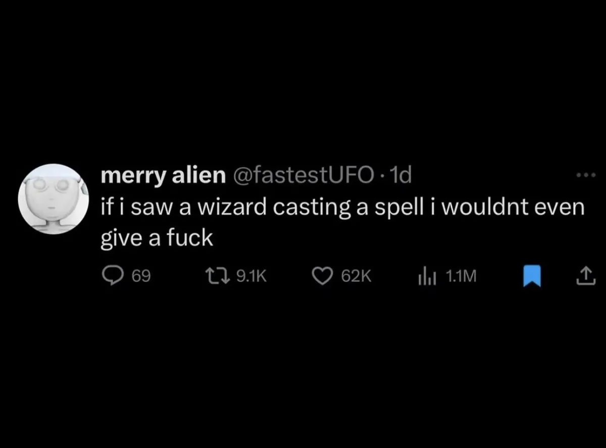 A screenshot of a tweet from user 'merry alien' with a simple white cartoon avatar, displaying the text 'if i saw a wizard…