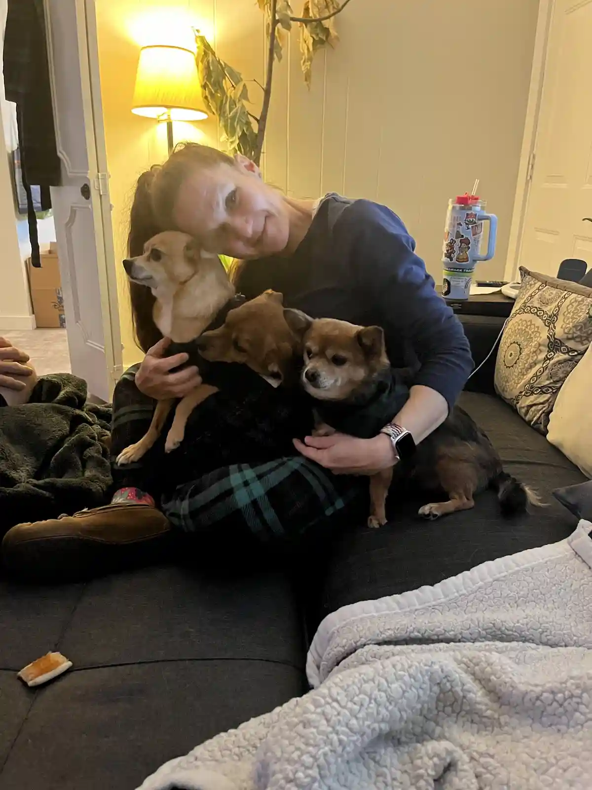 A woman sits on a dark couch surrounded by three small dogs, smiling at the camera while holding two of them close. The…