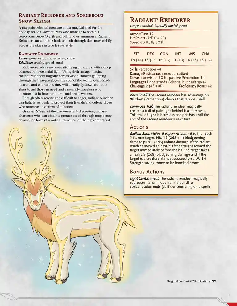 This image displays a fantasy creature stat block for a 'Radiant Reindeer' from a role-playing game, featuring detailed…