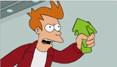 Fry from The Simpsons holds a green paper arrow pointing upward, his eyes wide and mouth open in shock or alarm. The image…