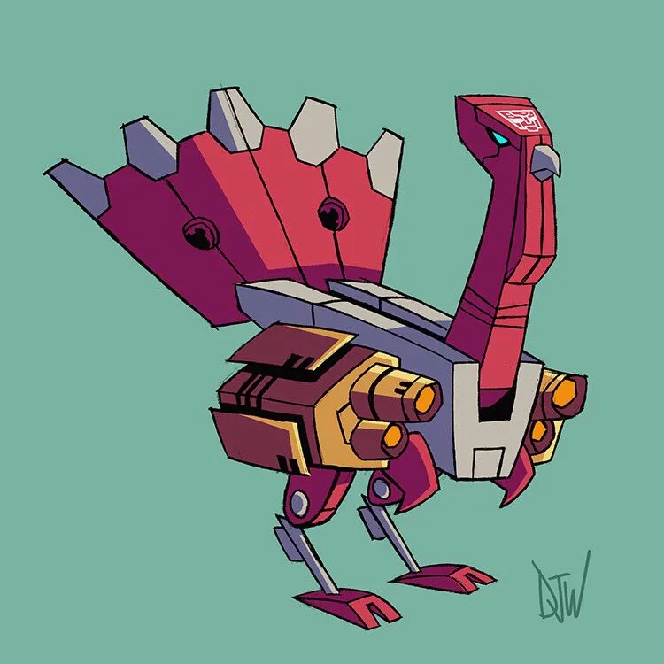 A cartoonish, robotic turkey with a red and purple body, mechanical legs, and a large fan-like tail, standing against a teal…
