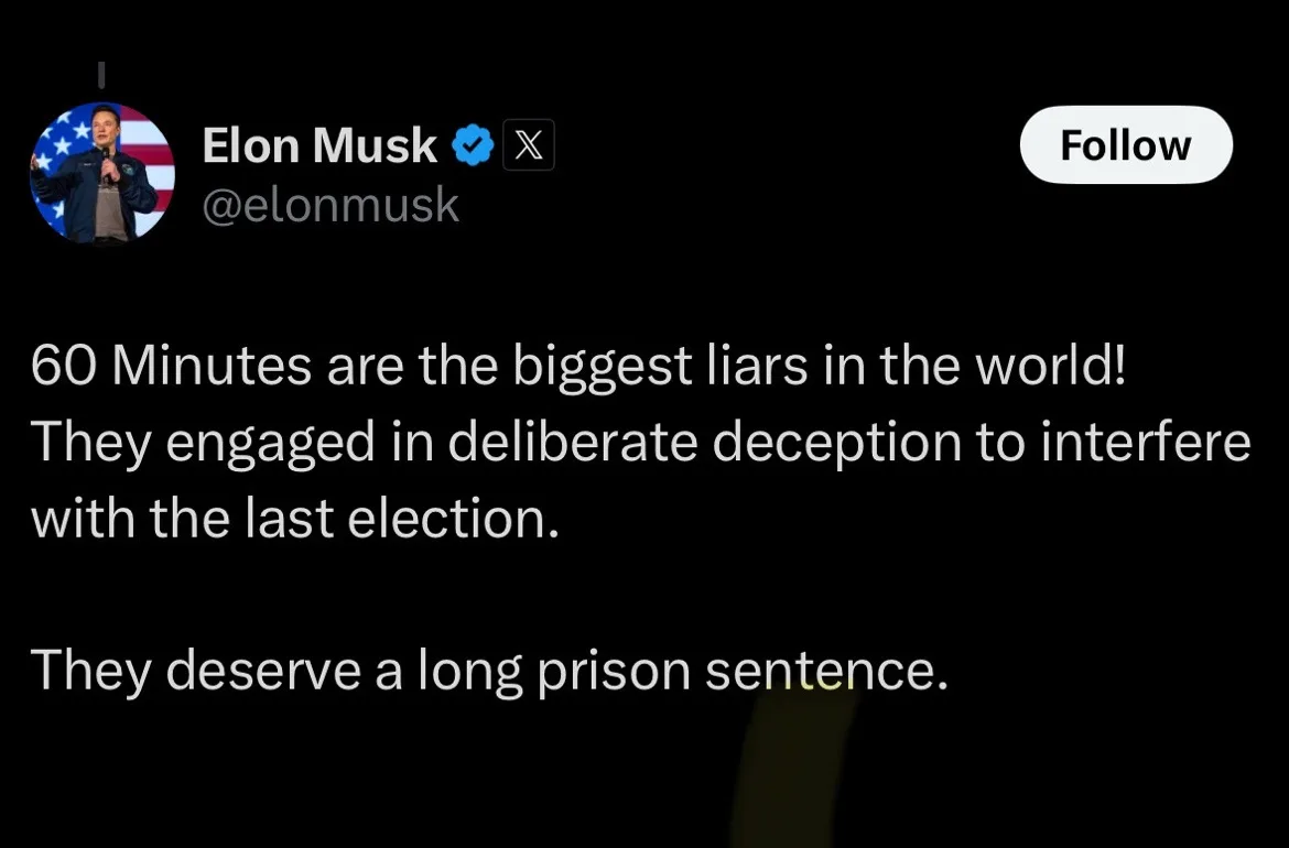 A screenshot of a tweet from Elon Musk's verified X account, which reads: '60 Minutes are the biggest liars in the world!…