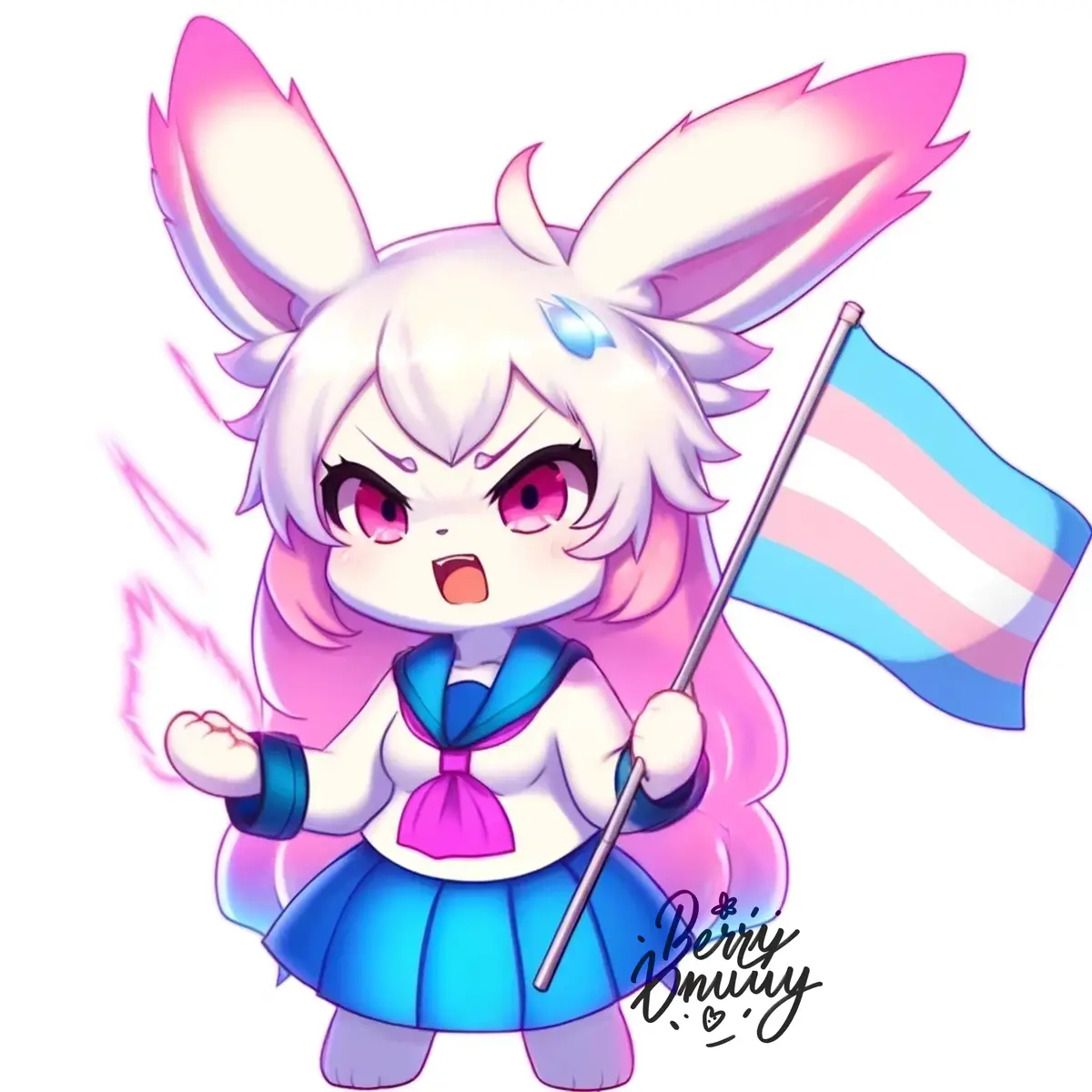 A chibi-style anime character with white and pink hair, large pink eyes, and bunny ears holds a trans flag while striking an…