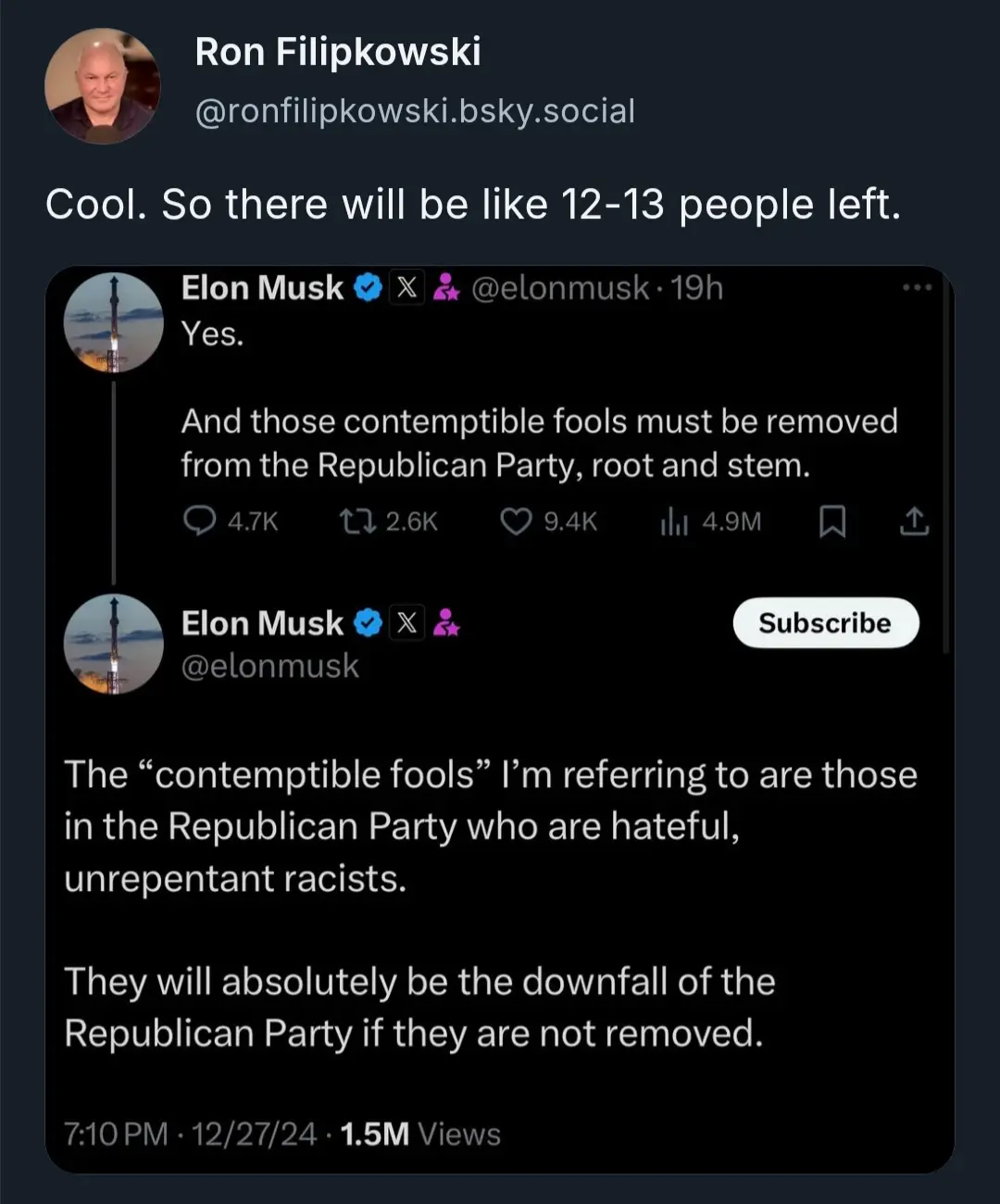 A screenshot of a social media post by Ron Filipkowski, who comments 'Cool. So there will be like 12-13 people left.' below…