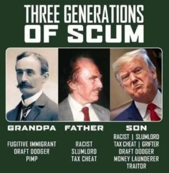 The image displays three men in separate portrait photos arranged side-by-side under the title 'THREE GENERATIONS OF SCUM'…