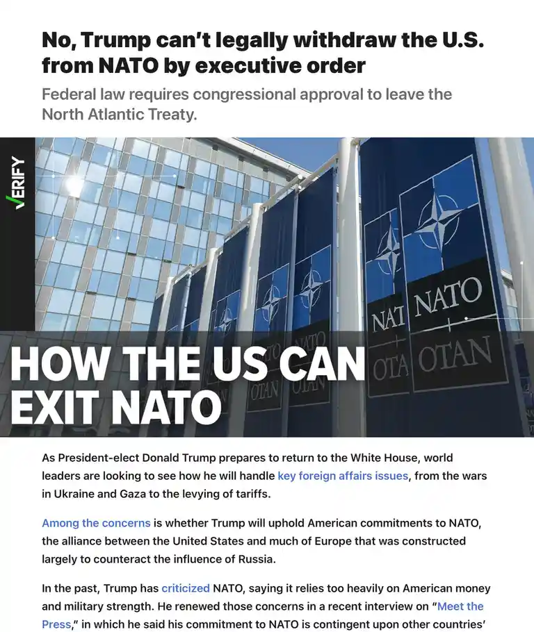 An image of blue NATO banners with the organization's logo displayed outside a modern glass building, overlaid with large…