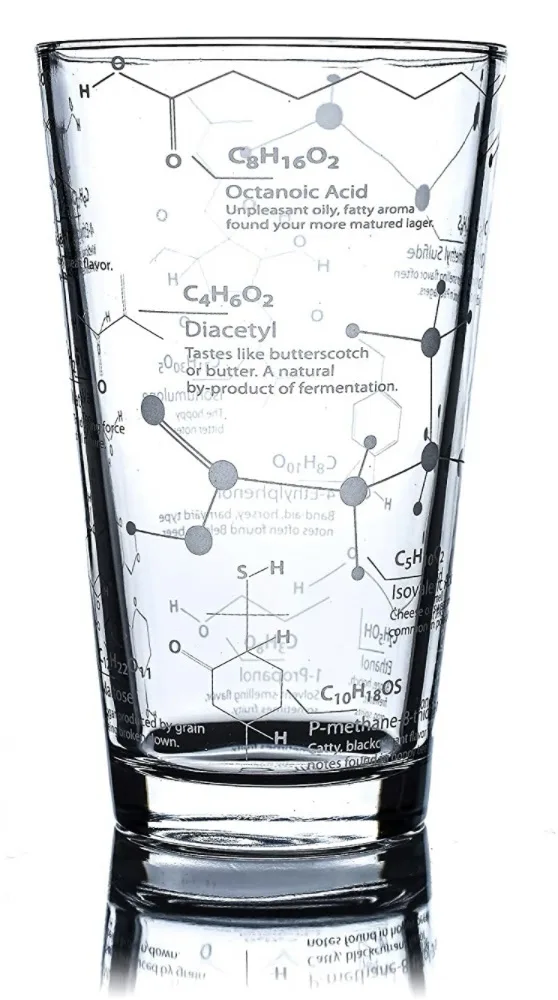 A clear pint glass is decorated with chemical formulas and descriptions of beer aromas like octanoic acid, diacetyl, and…