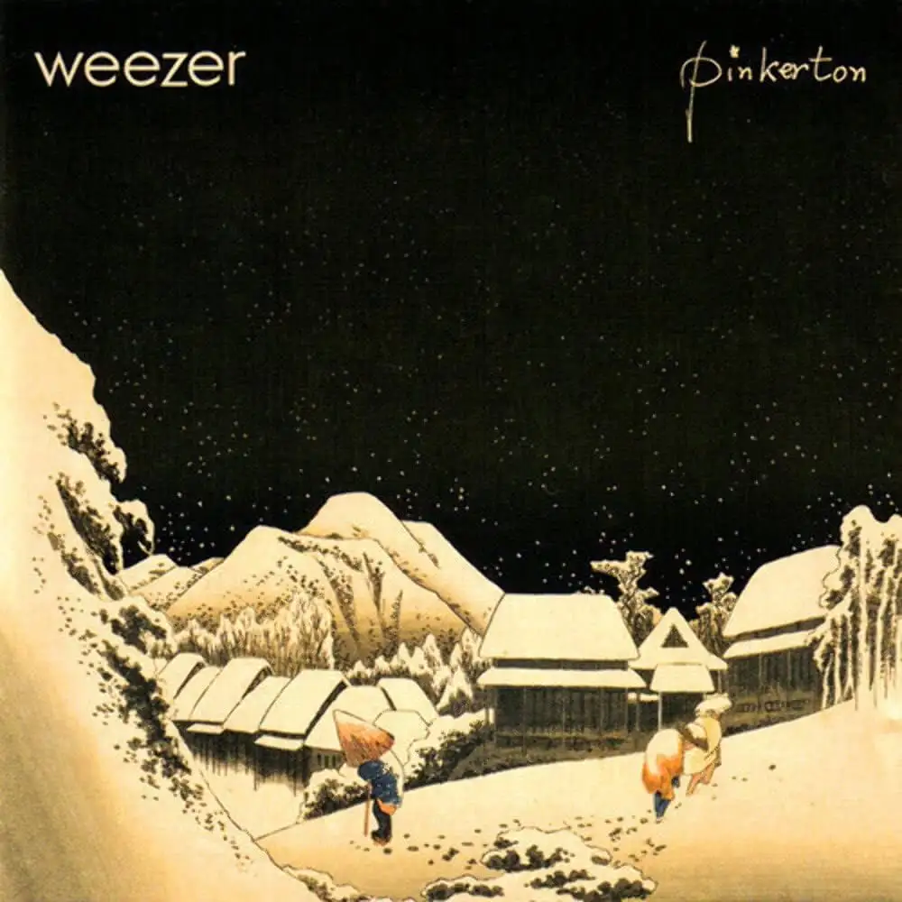 The image is the album cover for Weezer's 'Pinkerton,' featuring a traditional Japanese woodblock-style illustration of a…