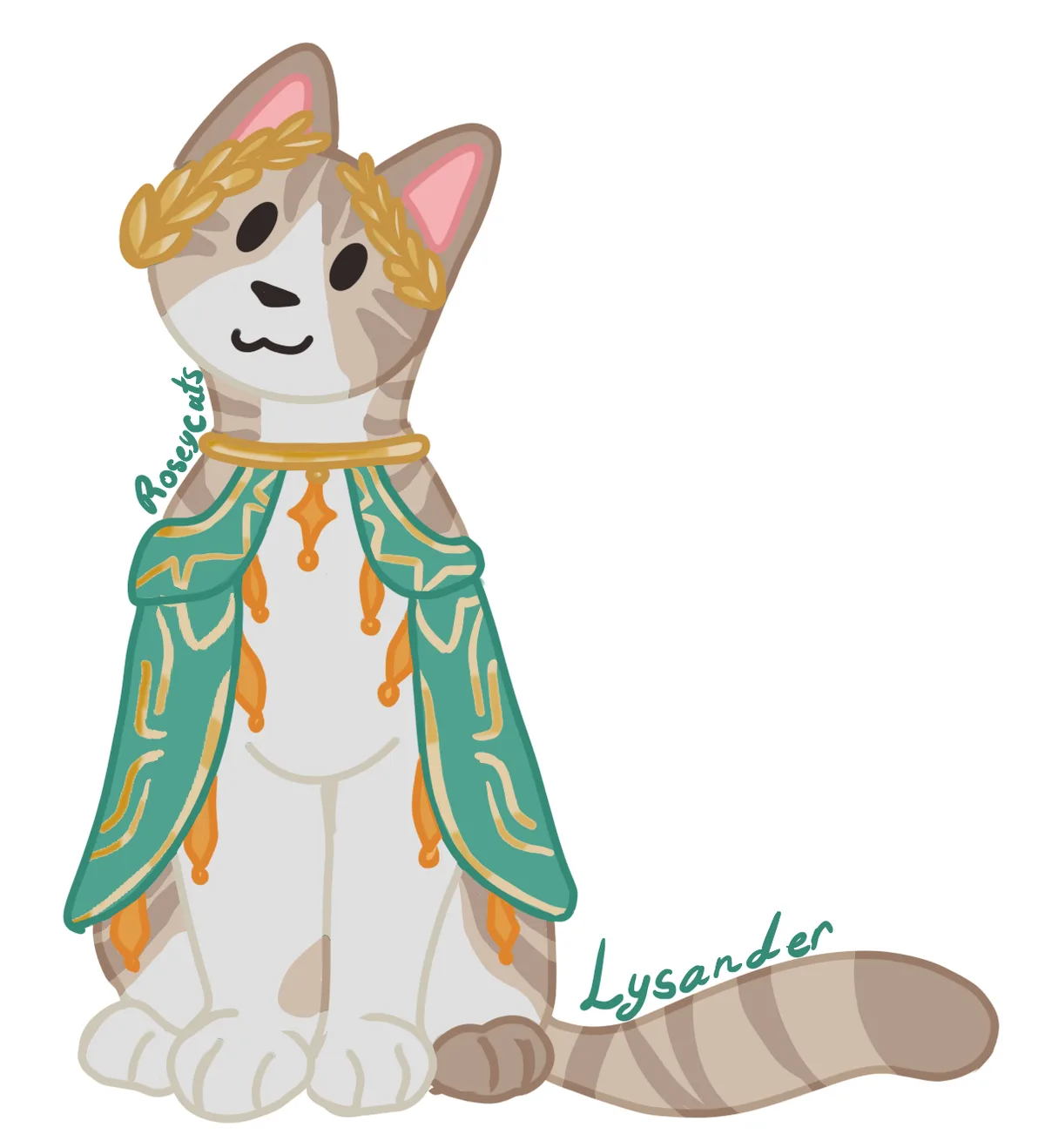 A cartoon cat with tabby markings sits upright wearing a green and gold ornate robe with dangling tassels and a golden…