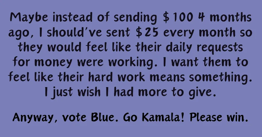 A solid purple background with black text that reads a reflective, self-deprecating monologue about financial giving and…