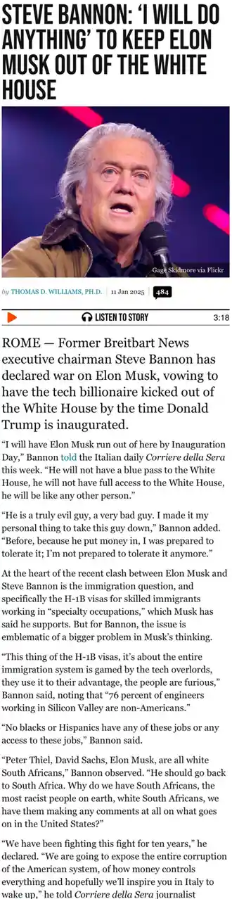 The image displays a screenshot of a news article featuring a photo of Steve Bannon speaking into a microphone. The headline…