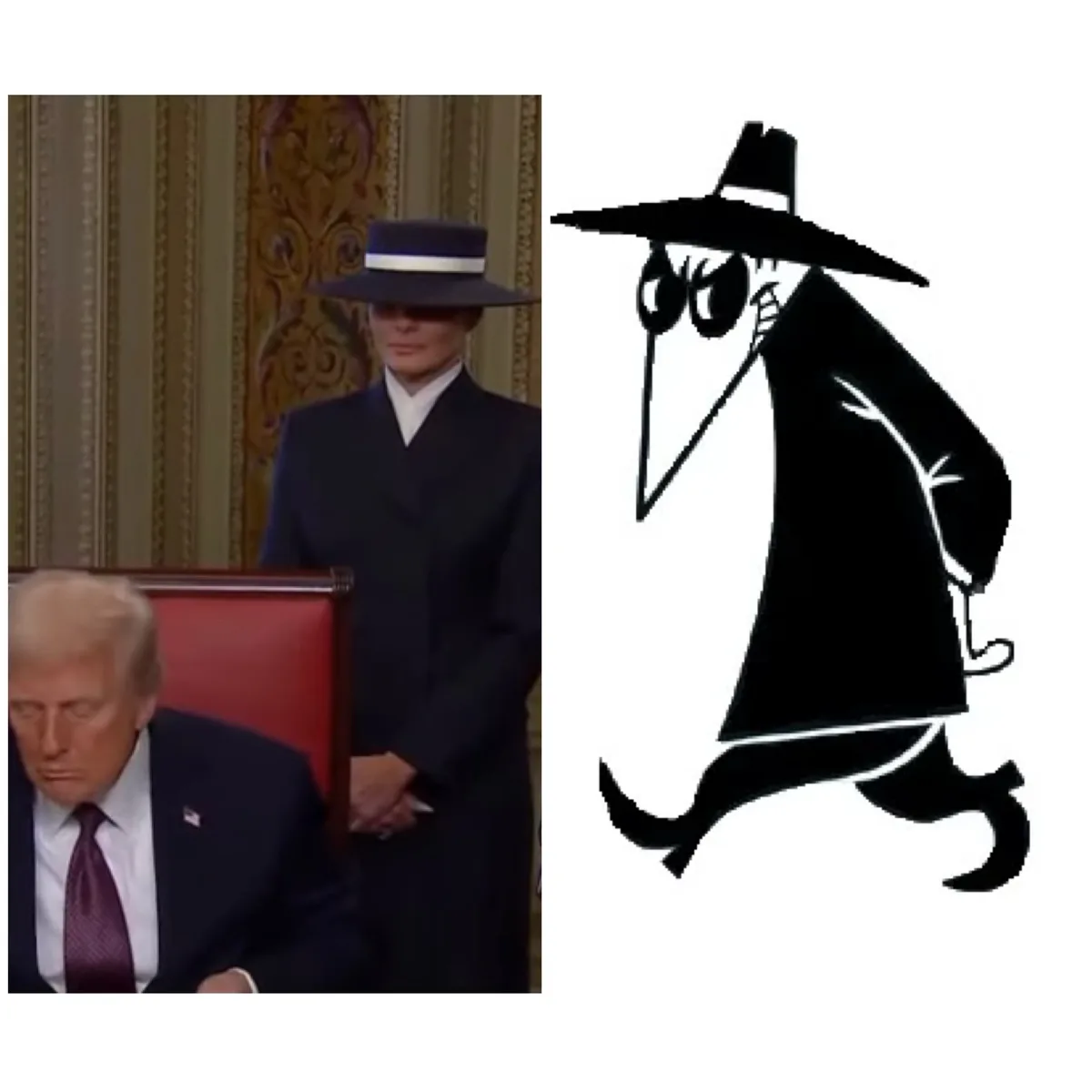 The image is split: on the left, a man in a suit sits in a red chair while a woman in a dark suit and wide-brimmed hat…