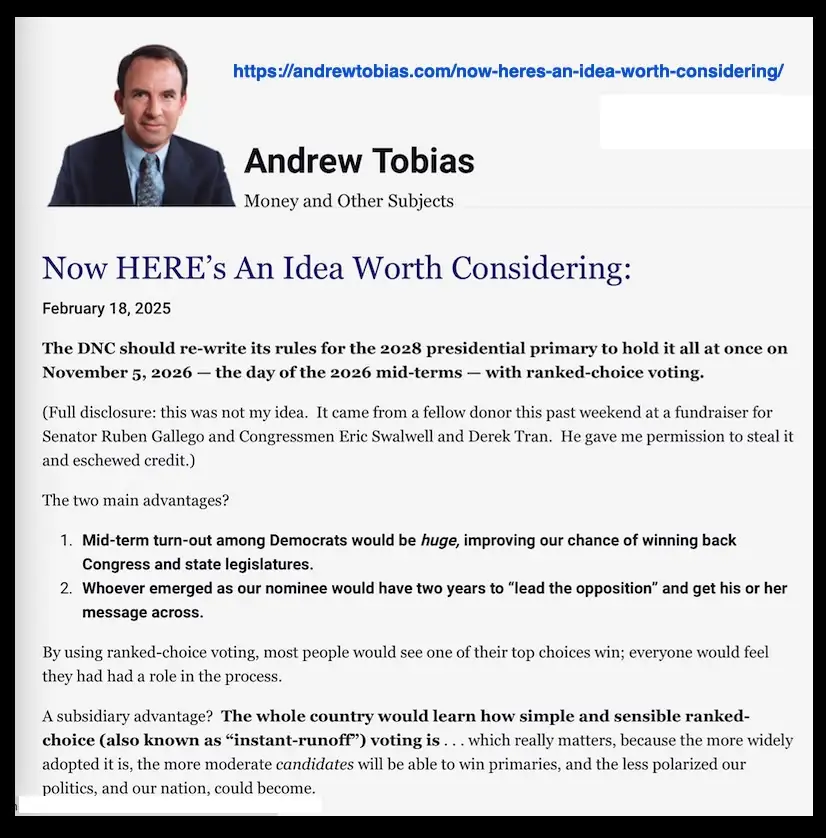 A screenshot of a 2025 article by Andrew Tobias titled 'Now HERE's An Idea Worth Considering,' proposing a DNC rule change…