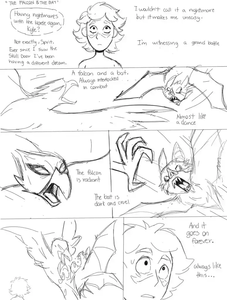 A black-and-white comic strip titled 'THE FALCON & THE BAT' depicts a character named Spirit describing a recurring dream…