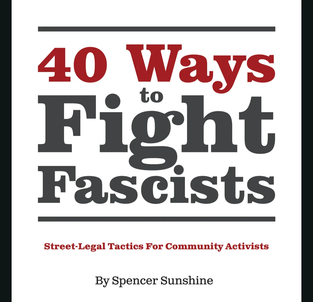 The image displays a book cover with the title '40 Ways to Fight Fascists' in large red and gray text, framed by horizontal…