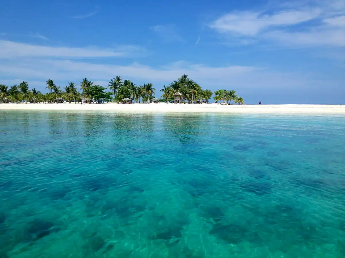 A serene tropical beach scene with crystal-clear turquoise water in the foreground, a white sandy shore lined with palm…