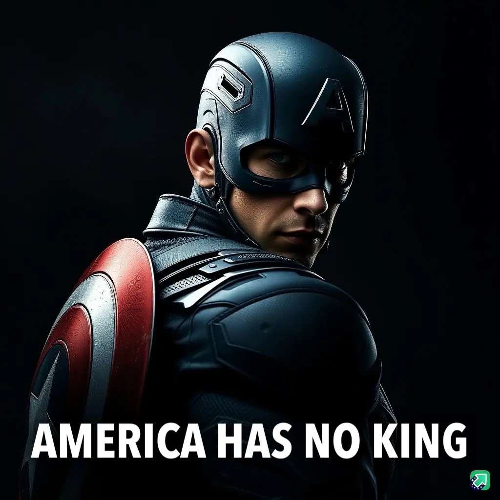 A cinematic image of Captain America in his iconic blue suit and helmet, holding his red, white, and blue shield over his…
