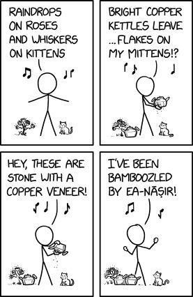 A four-panel comic strip featuring a stick figure character singing while holding a kettle. In the first panel, the…