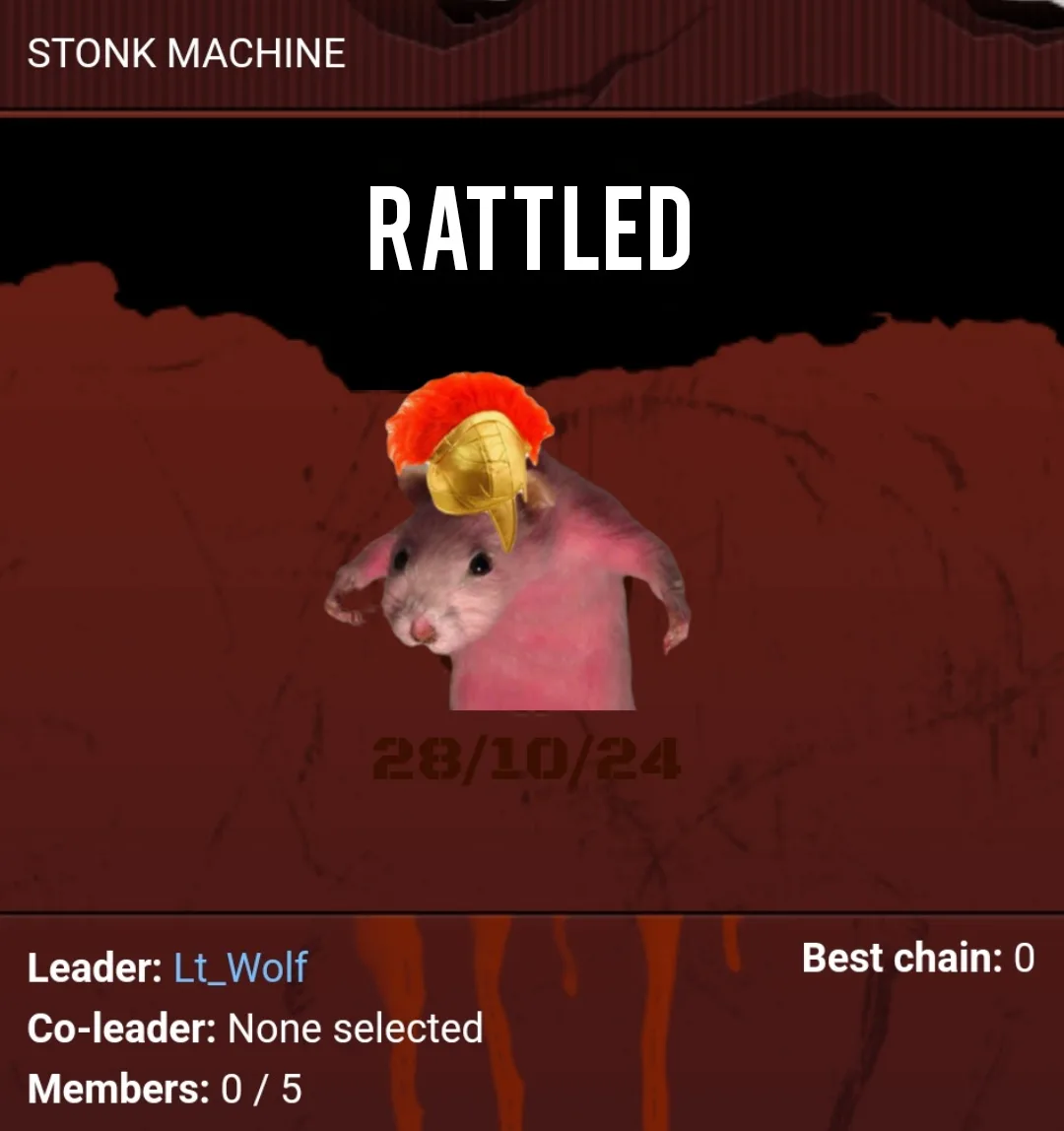 A pink rat wearing a golden gladiator helmet with a red plume is centered on a dark red, textured background resembling a…