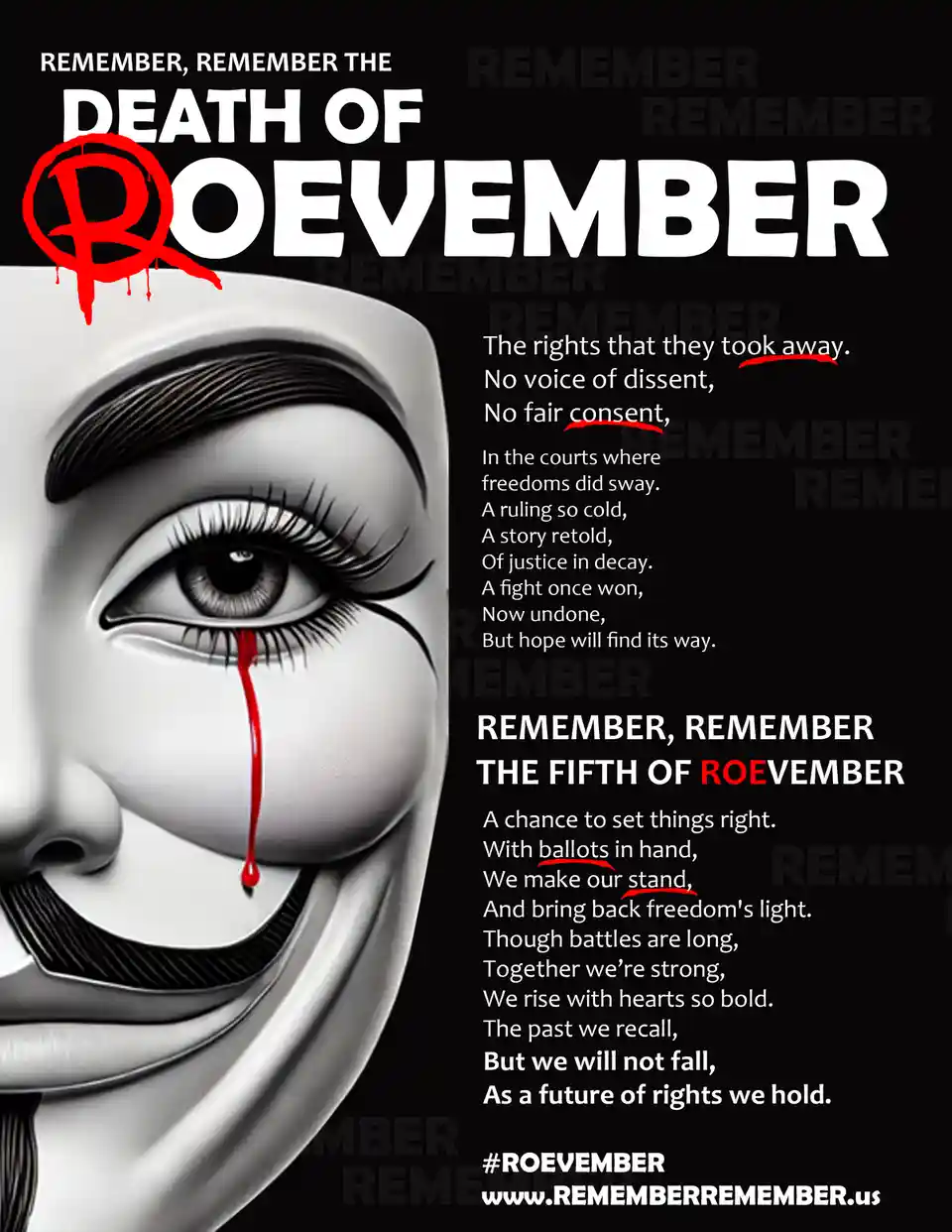 A black-and-white image of a person wearing a Guy Fawkes mask with a single red tear streaming down their cheek. A red…