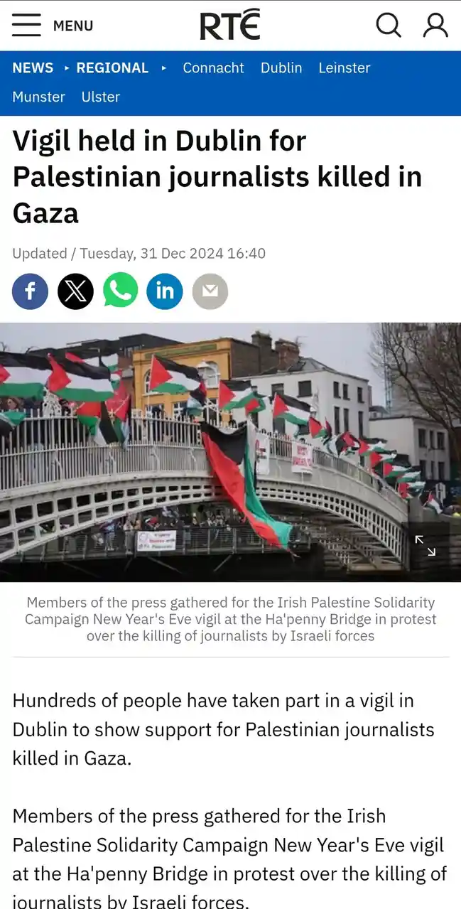A screenshot of an RTE news article showing a crowd on Ha'penny Bridge in Dublin holding Palestinian flags. The headline…