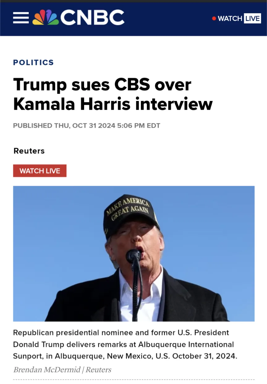 A screenshot of a CNBC news article headlined 'Trump sues CBS over Kamala Harris interview,' featuring a photo of Donald…