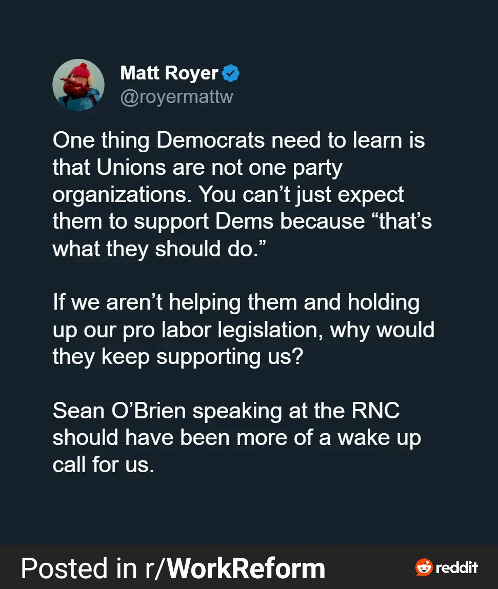 A screenshot of a tweet by Matt Royer (@royermattw) with a cartoon avatar, stating that Democrats must recognize unions…