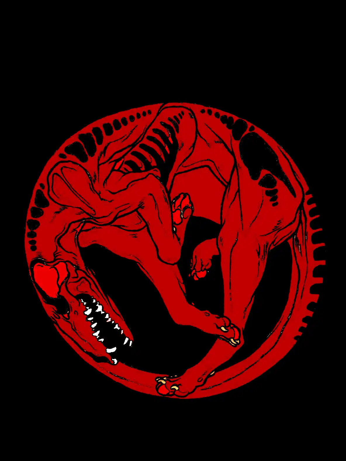 A stylized red illustration of a dinosaur, resembling a Tyrannosaurus rex, coiled in a circular shape against a black…