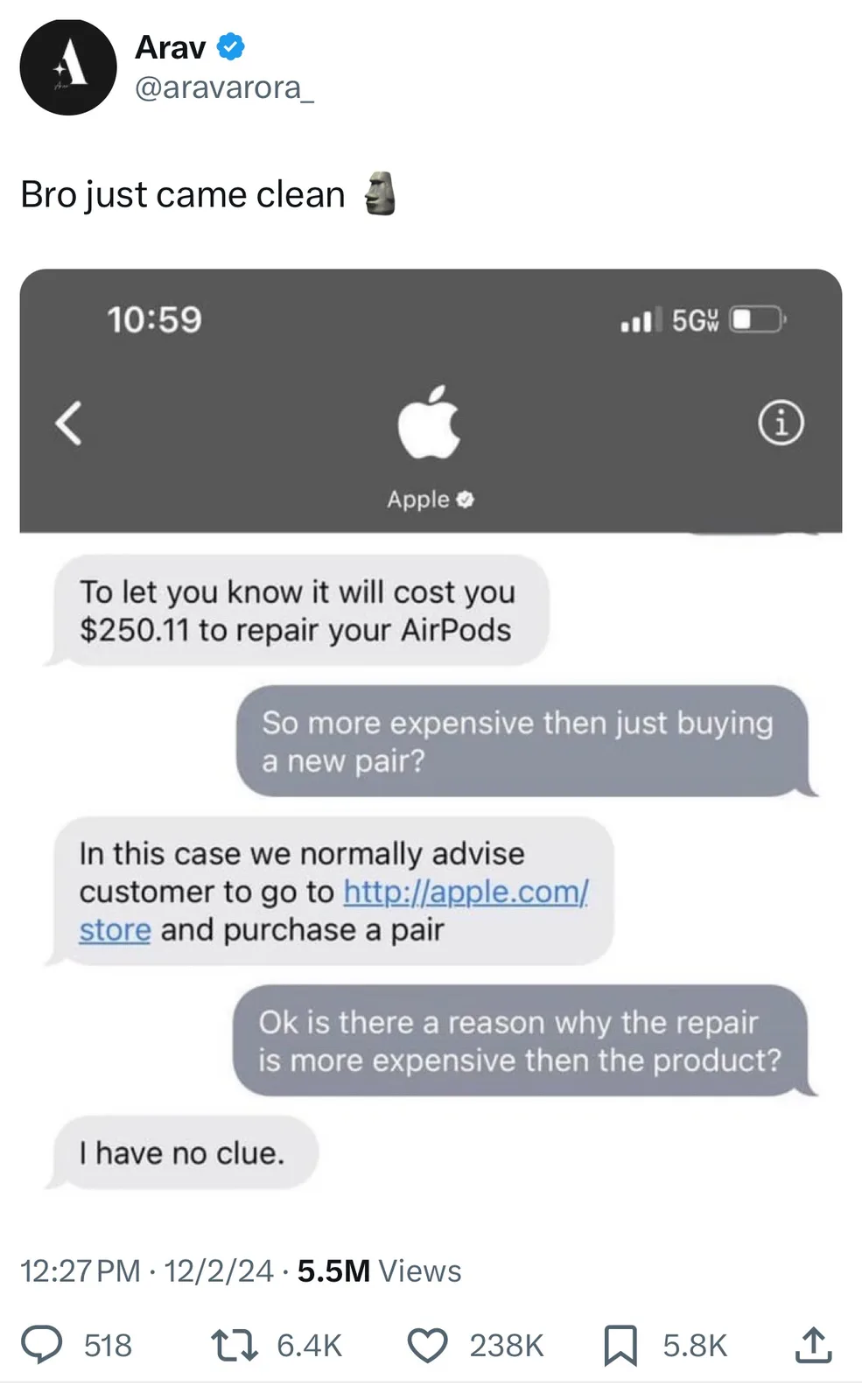 A screenshot of a text conversation between a customer and Apple Support shows the customer asking why repairing their…