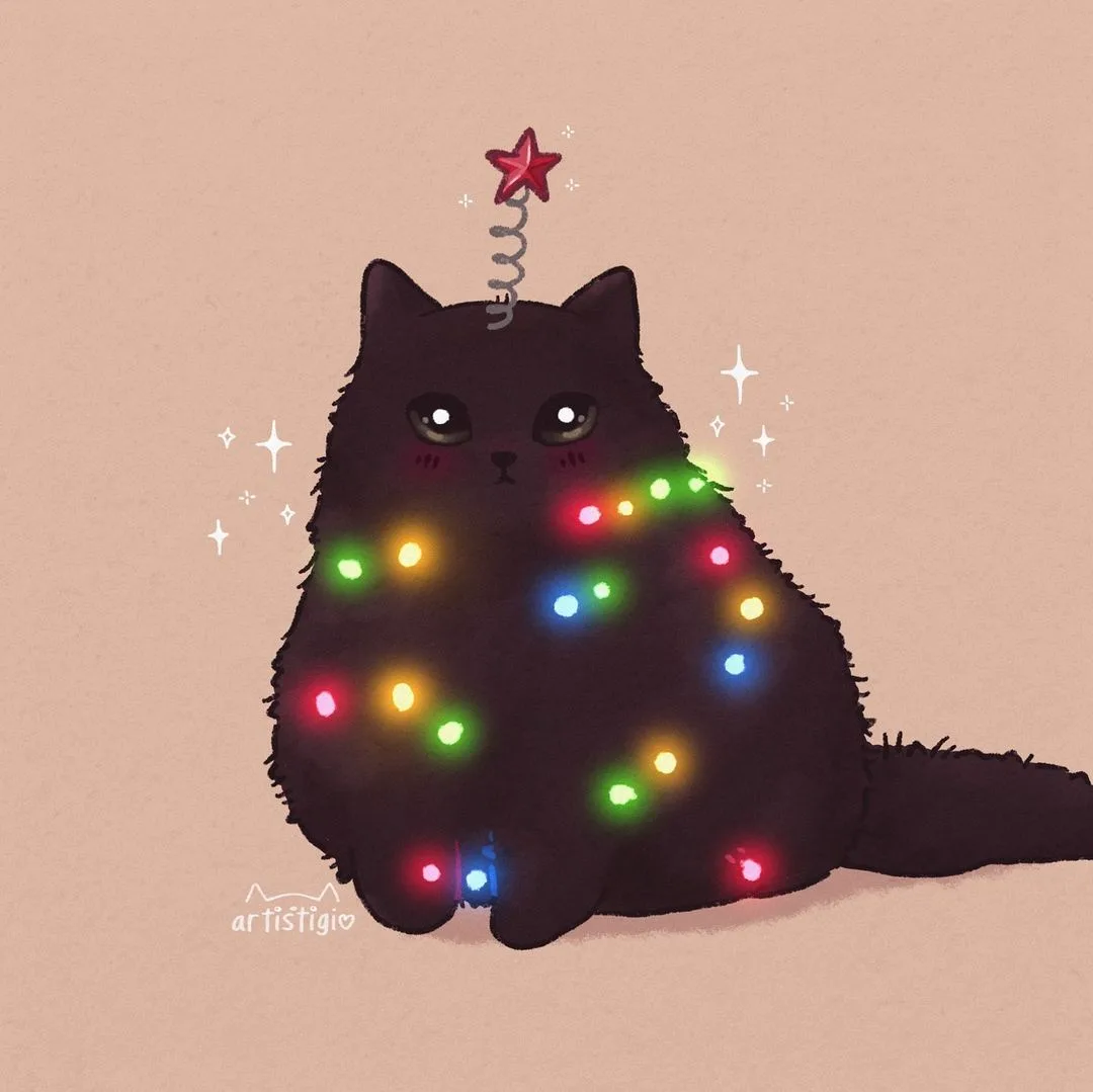 A fluffy black cat sits calmly with colorful Christmas lights wrapped around its body and a red star on a spring perched on…