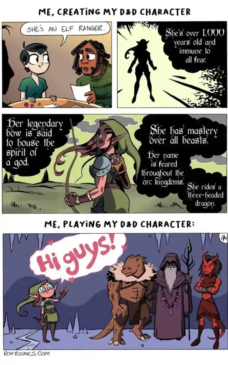 A comic strip shows a player creating an overpowered D&D elf ranger character with absurdly epic traits like immortality…