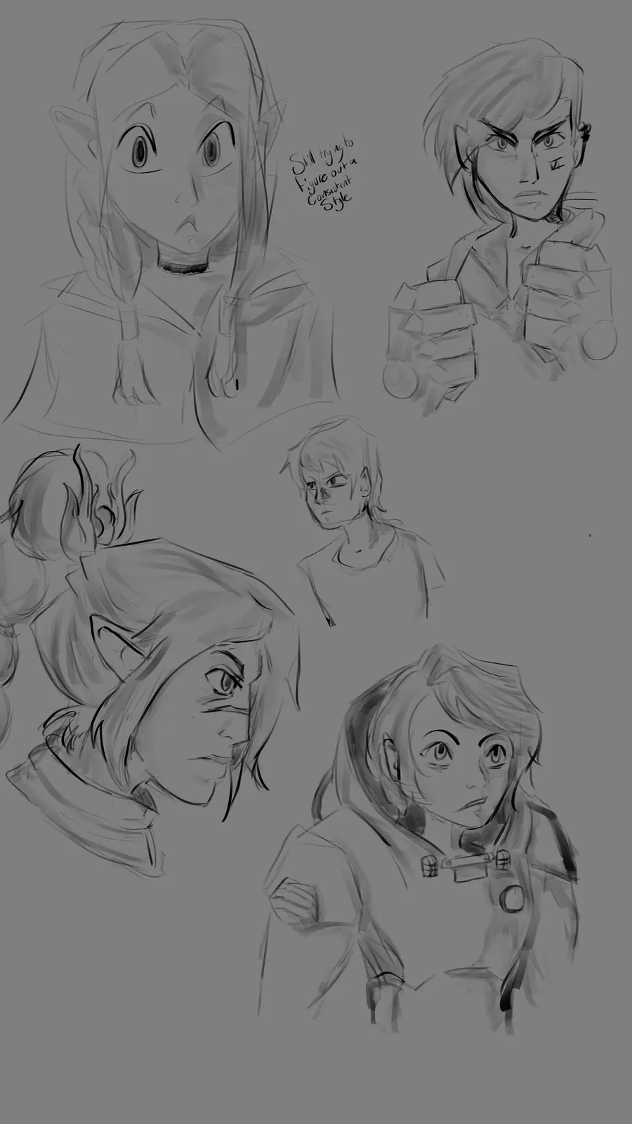 A grayscale sketch compilation showing five different character head studies, all featuring pointed ears and varied…