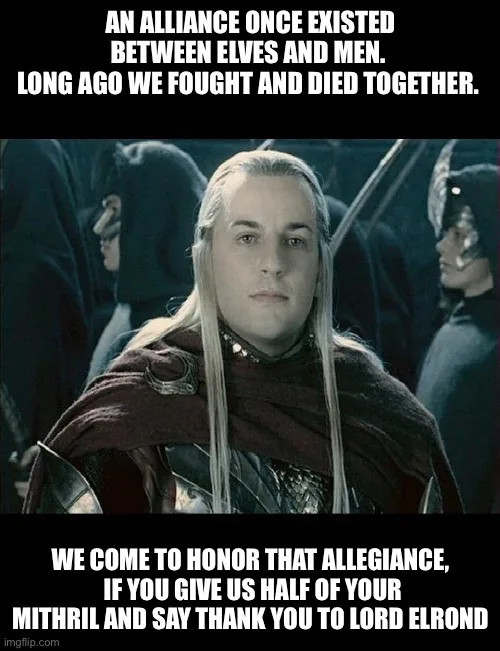 A still image of Legolas from 'The Lord of the Rings' looking solemn and serious, overlaid with text that reads: 'AN…