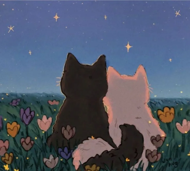 Two cats, one black and one white, sit back-to-back in a field of colorful flowers under a starry night sky. The black cat…