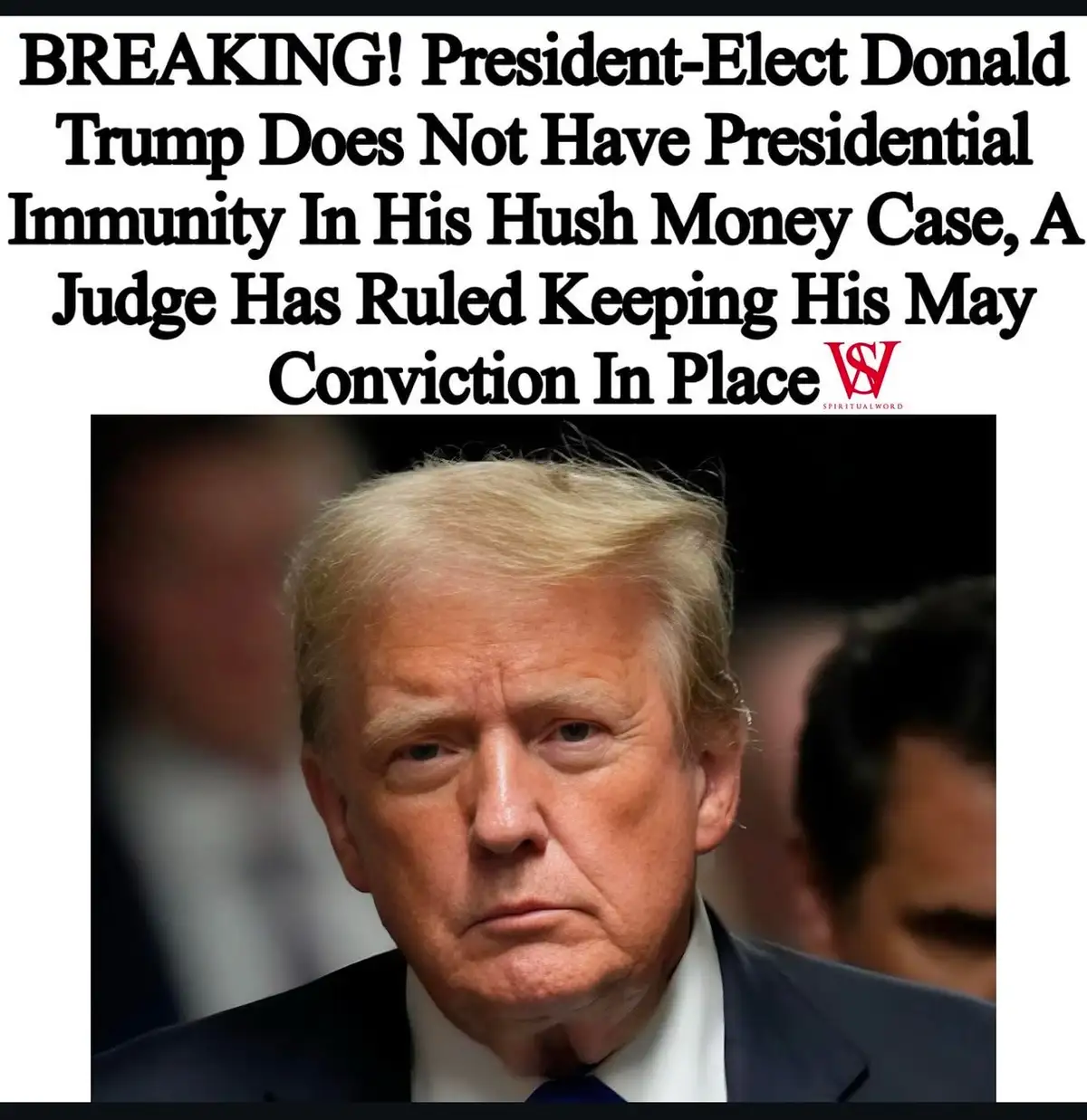 A close-up photo of Donald Trump with a serious expression, overlaid with bold black text mimicking a news headline. The…