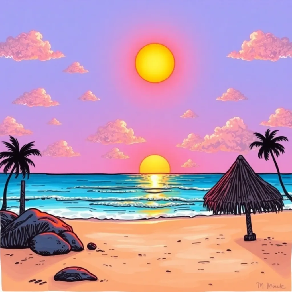 A cartoon-style beach scene shows a bright yellow sun in a purple-pink sky with pink clouds, a turquoise ocean with waves…